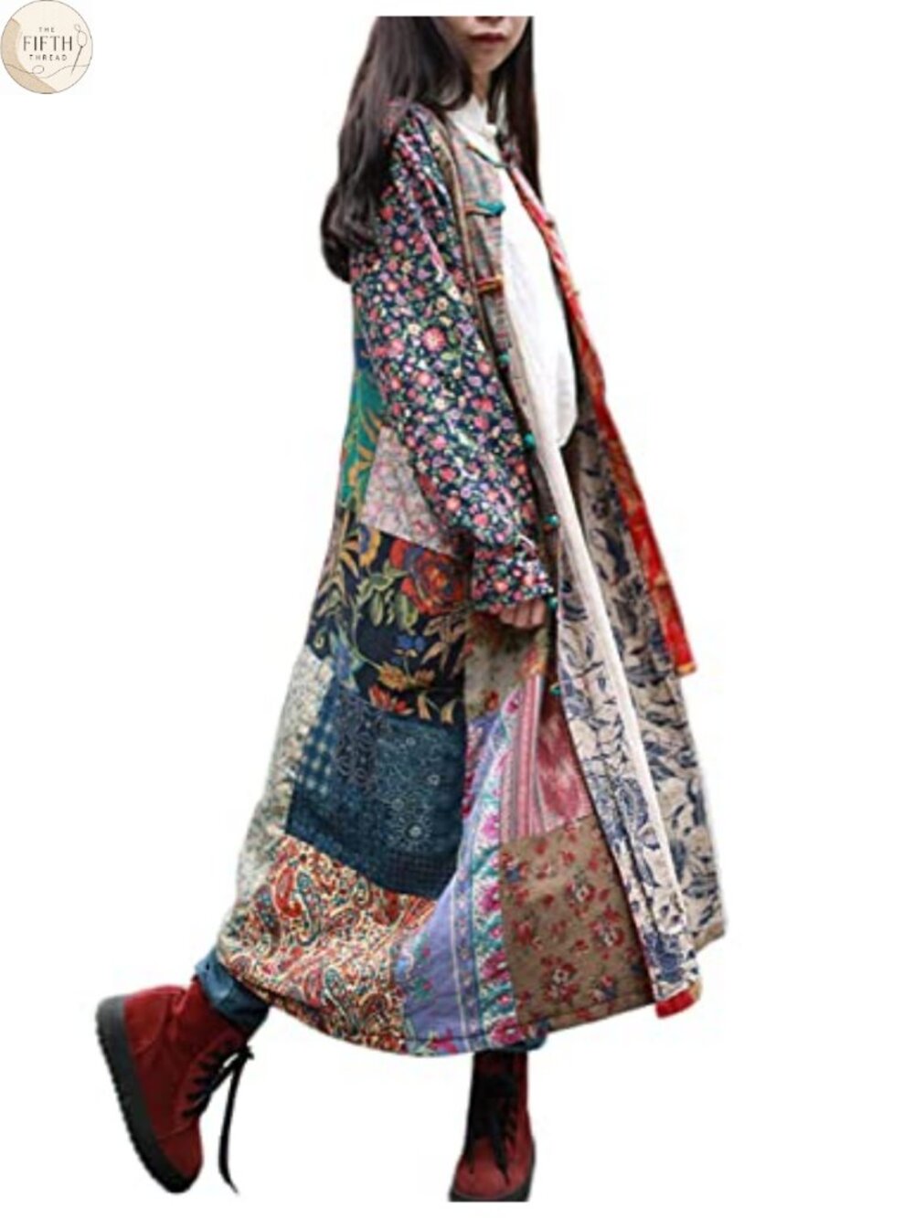 Women Patchwork Trench Coat Bohemian Floral Cotton Linen Duster